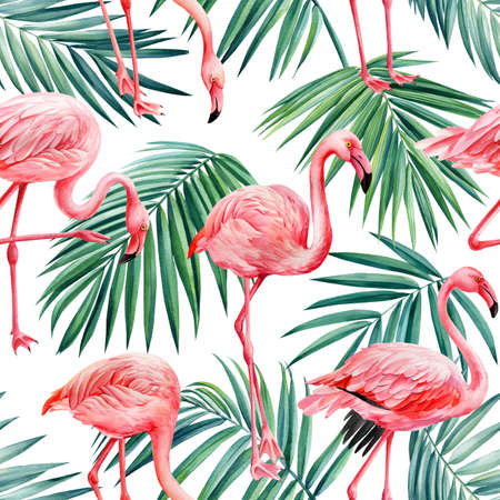 Flamingo. Tropics Seamless pattern with leaves. watercolor illustrationの写真素材