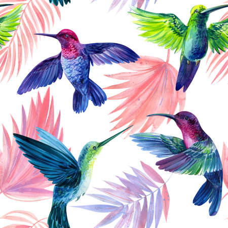 hummingbird and palm leaves. Seamless pattern with tropical flowers and birds. Trendy floral printの写真素材