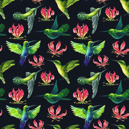 Hummingbird and flowers lily. Seamless pattern hand painting watercolor. Background with flying birdsの写真素材