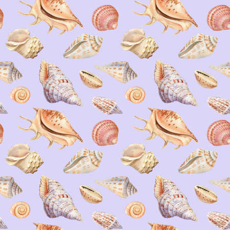 Seamless pattern with shells. Watercolor texture.の写真素材