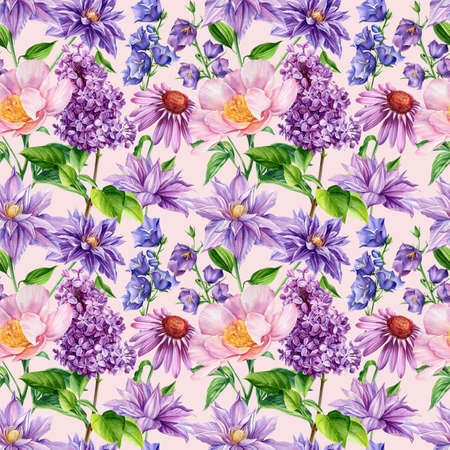 Peony, clematis, bluebell, echinacea flower background template. Watercolor floral, wedding card, Seamless patternの写真素材