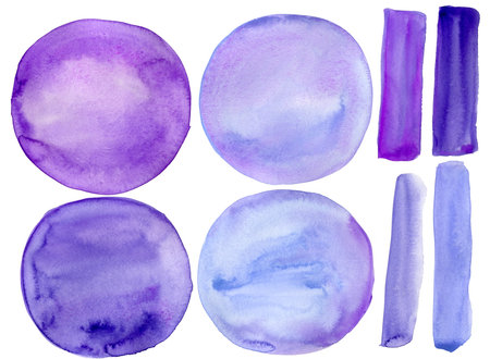Purple circles, set of abstract elements on white isolated background watercolor hand drawingの写真素材