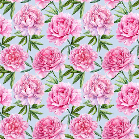 Seamless pattern of peonies, bouquet of pink flowers, watercolor illustration, digital paperの写真素材