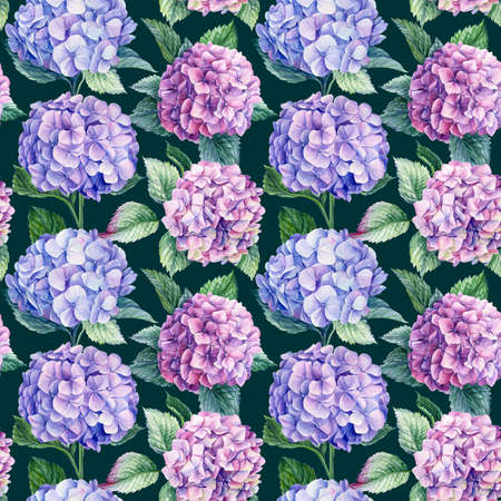 Seamless patterns of branches of hydrangea flower and leaves. Watercolor flowersの写真素材