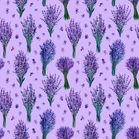 Lavender flowers seamless pattern. Watercolor illustration. Vintage flowers for card, wallpaper, packaging, invitationの写真素材