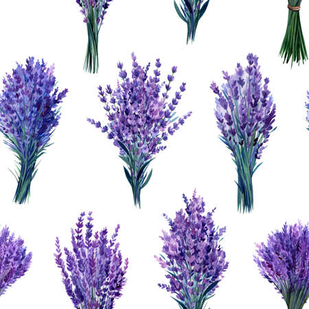 Bouquet Lavender flowers seamless pattern. Watercolor hand drawing botanical illustration.の写真素材