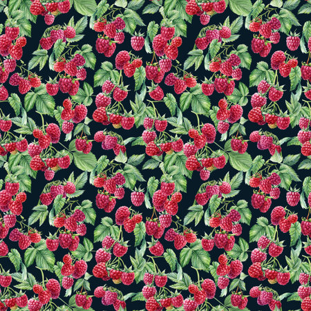 Seamless pattern with branches raspberries, watercolor illustration