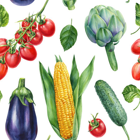 Seamless pattern of vegetables. Artichoke, eggplant, cucumber, corn and tomato in watercolor.の写真素材