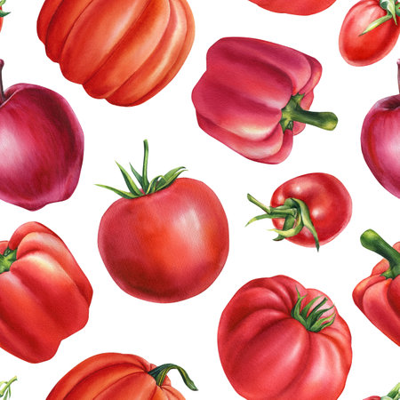 Seamless pattern of fruits and red vegetables in watercolor. apples, pepper, tomato and pumpkinの写真素材