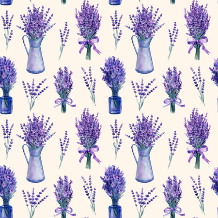 Lavender flower, bouquet of lavender flowers in jug, seamless pattern. Floral background, watercolor floral design.の写真素材