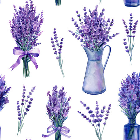 Lavender flower, bouquet of lavender flowers in jug, seamless pattern. Floral background, watercolor floral design.の写真素材