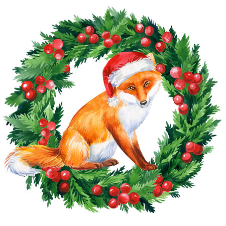 Watercolor Christmas wreath and fox isolated on white background. Holiday greeting cardの写真素材
