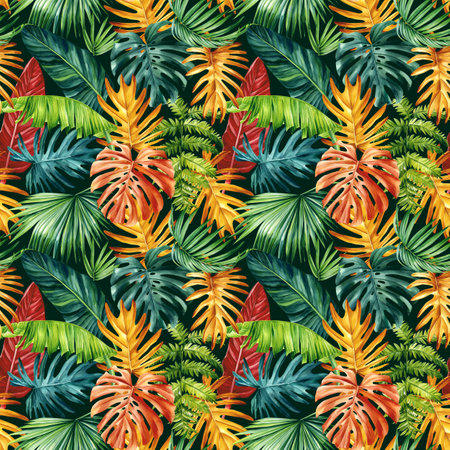 Colored Palm leaves, tropical background, hand drawn watercolor botanical painting. Seamless pattern, jungle wallpaperの写真素材