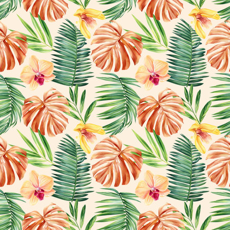 Tropical pattern. Jungle palm leaves and flowers watercolor paintingの写真素材
