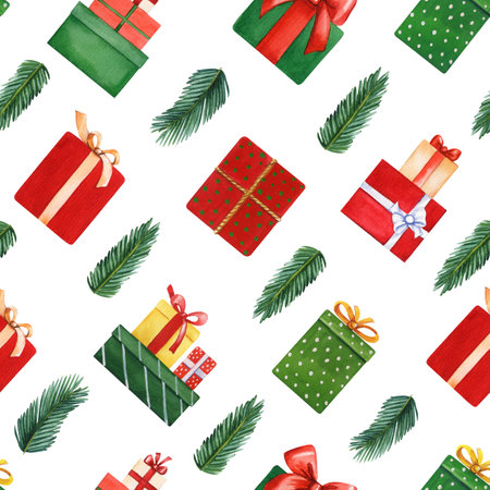 Christmas gifts. seamless pattern. Hand drawn watercolor illustration.の写真素材