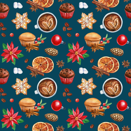Pattern sweet Christmas. Watercolor gingerbread, cupcakes, cinnamon. New Year seamless patternの写真素材