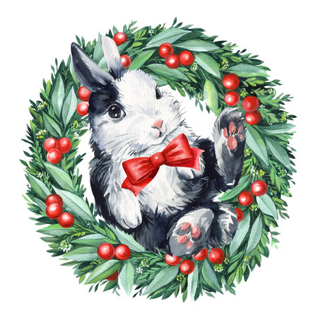 Christmas wreath bunny on a white background, watercolor painting, hand drawingの写真素材