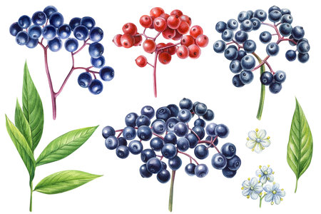 Elder Twig. Red and Black elderberry. Watercolor hand drawn botanical branch with berries, flowers and leaves.の写真素材