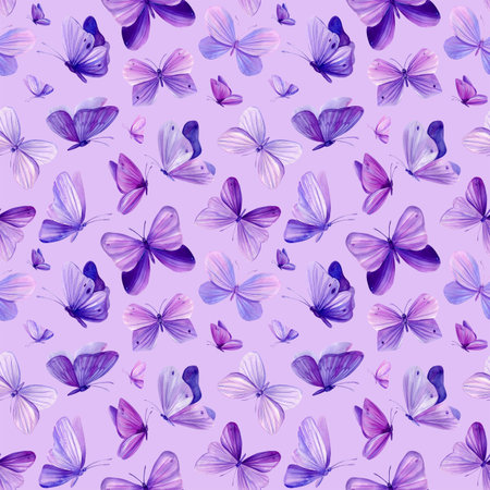 Butterflies Seamless patterns on a violet background. Watercolor illustration.の写真素材