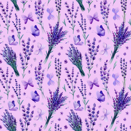 Violet flowers. Wildflower lavender hand drawing, flower watercolor style. Floral seamless pattern, wrapper.の写真素材