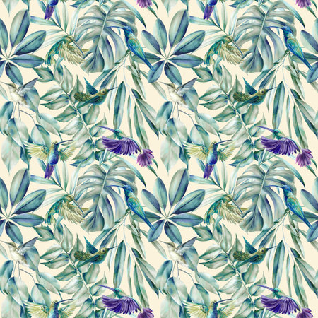 Tropical bird hummingbird and palm leaves, floral seamless pattern. Watercolor hand-painted, jungle clipartの写真素材
