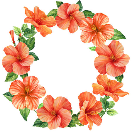Hibiscus orange flowers wreath, isolated white background, botanical illustration, tropical colorful floral watercolor.の写真素材