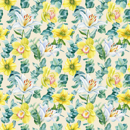 Tropical patterns, Seamless tropical pattern, palm leaves and flowers. Botanical painting watercolor flora. orchid, lilyの写真素材