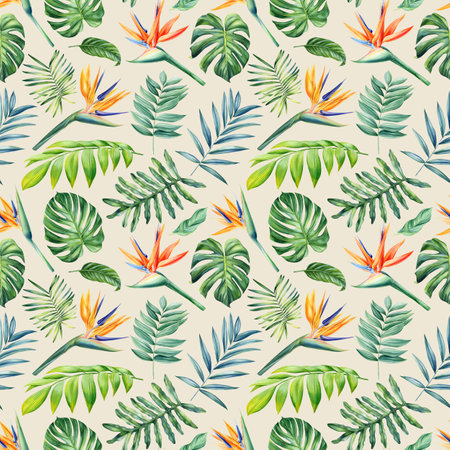 Seamless tropical pattern with palm leaves and strelitzia flowers. Watercolor bird of paradiseの写真素材