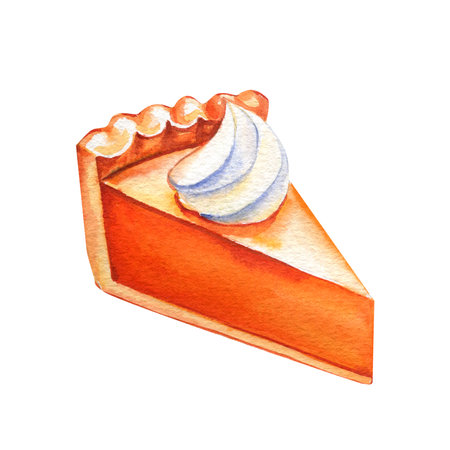 Piece of pumpkin pie isolated on white background. Sweet watercolor paintingの写真素材