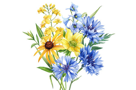 Bouquet of wildflower, watercolor botanical illustration. Colorful floral illustration. Rapeseed, cornflower, delphiniumの写真素材