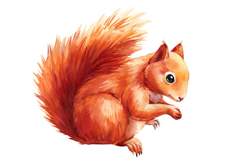 Squirrel on isolated white background, watercolor little baby squirrel, watercolor autumn squirrel. Animal illustrationの写真素材