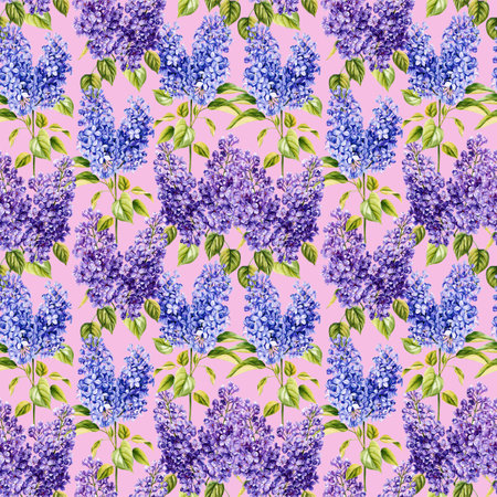 Seamless pattern with lilac flowers and leaves. Watercolor Flora for wallpapers. Pink backgroundの写真素材