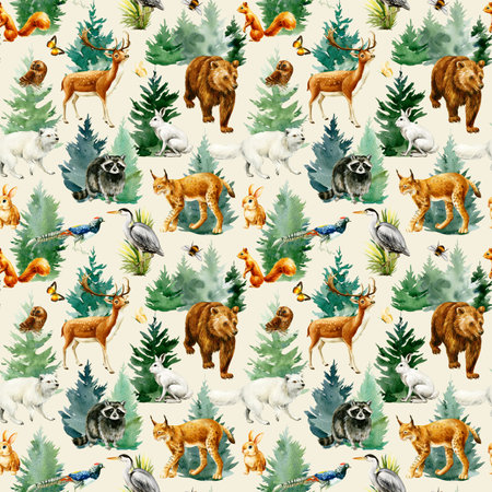 Seamless pattern with wild Animals watercolor painting, Forest Wildlife, template for textile, wallpaper, paper.の写真素材