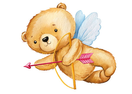 Teddy bear Cupid on isolated white background. Watercolor childrens illustration, cute valentine...