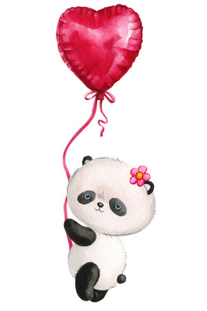 Cute cartoon panda and pink heart on isolated background. Watercolor Illustration. Teddy panda bear, valentines dayの写真素材