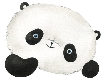 Cute funny panda bear hand drawn in watercolor on white isolated background. Hand drawn illustrationの写真素材