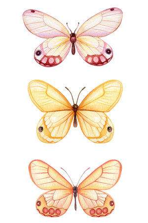 Butterflies set. Watercolor illustration isolated white background. Colorful Butterflies clipart design elements tropicの写真素材