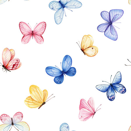 Watercolor colorful butterflies. Seamless pattern Spring illustration of blue, yellow, pink butterfly. Design backgroundの写真素材