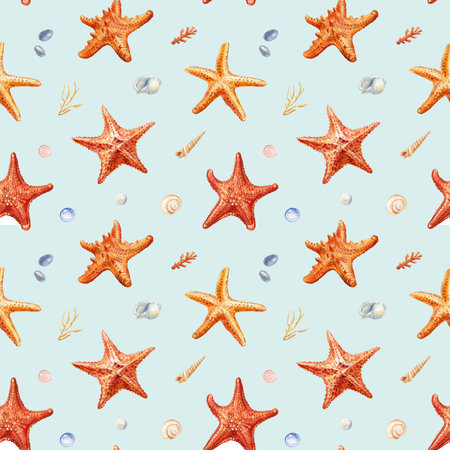 Watercolor seashell seamless pattern. Underwater creatures, crab, starfish, sea shell, coral, nautical Design wallpaperの写真素材