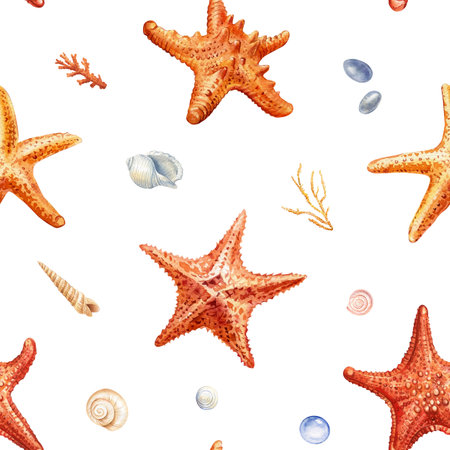 Watercolor seashell seamless pattern. Underwater creatures starfish, sea shell and coral, nautical Design wallpaperの写真素材