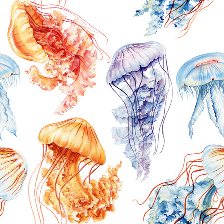 Beautiful jellyfish Seamless pattern, Marine background watercolor illustration hand drawn, Design...