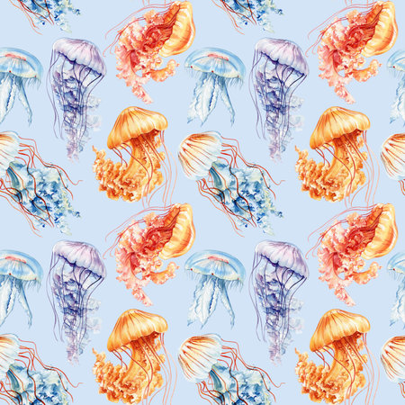 Beautiful jellyfish Seamless pattern, Marine background watercolor illustration hand drawn, Design...