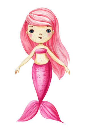 Little pink girl mermaid watercolor, mermaid cartoon illustration. Mermaid princess with fish Tail, mythical creaturesの写真素材