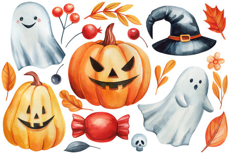 Halloween pumpkins set. Pumpkin, ghost, witches hat, leaves watercolor isolated. Hand drawn Funny autumn clipartの写真素材