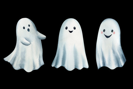 ghost watercolor on isolated black background, watercolor illustration, hand drawing Halloween setの写真素材