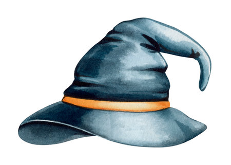 Halloween witches hat watercolor on isolated background. Hand drawn clipart. Magic black witches hat decorative elementの写真素材