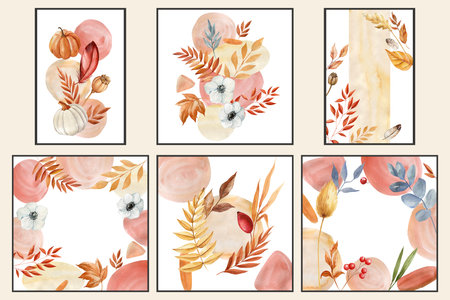 Floral templates, watercolor painting autumn frame, Fall compositions, invitation abstract card template, modern designの写真素材