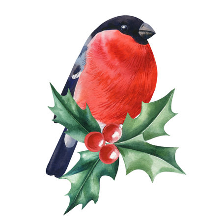 Bullfinch bird sitting on green branch, winter cute bird isolated on white background watercolor illustration for designの写真素材