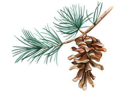 Pine branch with pine cone isolated on white background, Conifer branch watercolor botanical plant for seasonal projectの写真素材