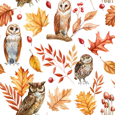 Woodland owls and autumn foliage seamless watercolor pattern, forest animals, oak leaves and berries, for fall projectsの写真素材